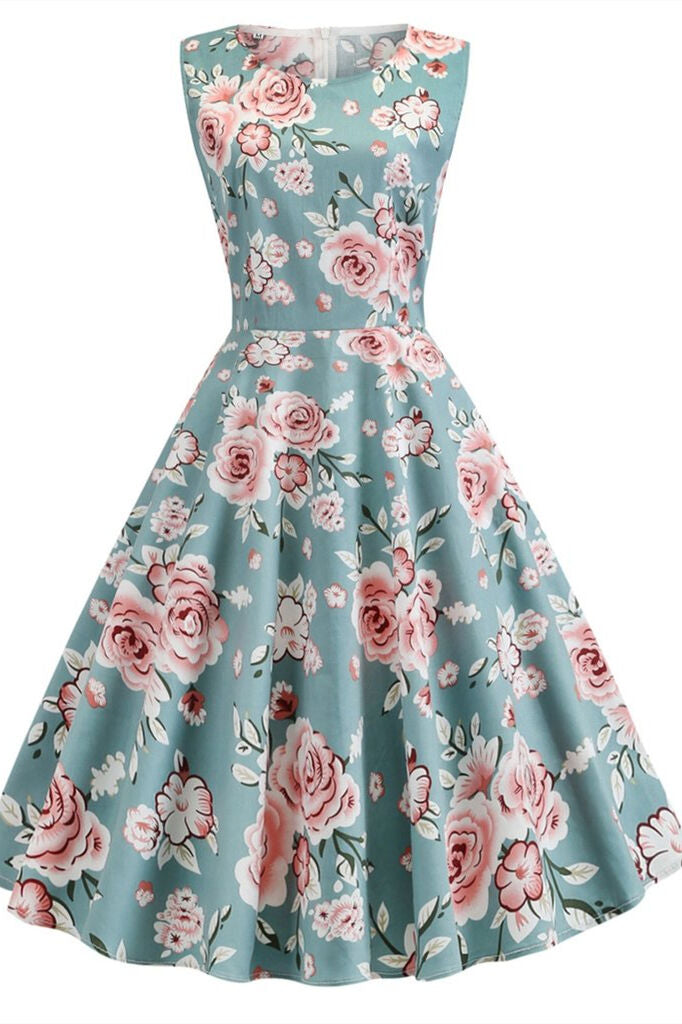 1950s Vintage Sleeveless Blue Floral Dress  Dreamdressy