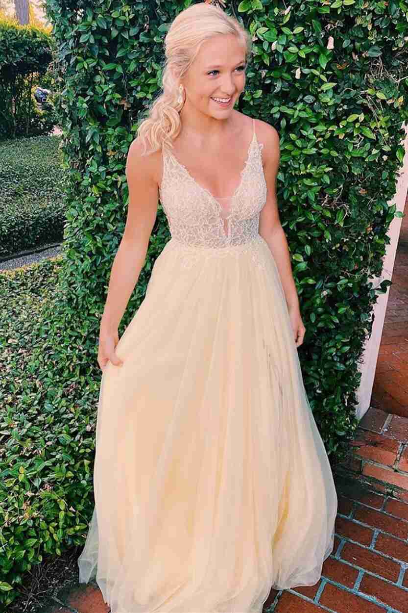 V-Neck Backless Yellow Long Prom Dress