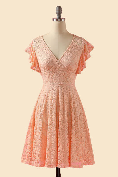 peach dress casual A-Line V-Neck Lace Peach Pink Bridesmaid Dress – Dreamdressy