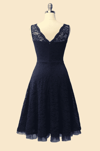 Crew Neck Lace Navy Blue Bridesmaid Dress