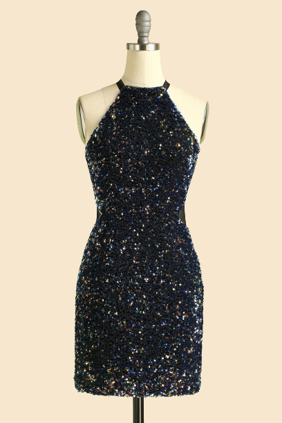Halter Sparkly Black Short Bridesmaid Dress with Sequins
