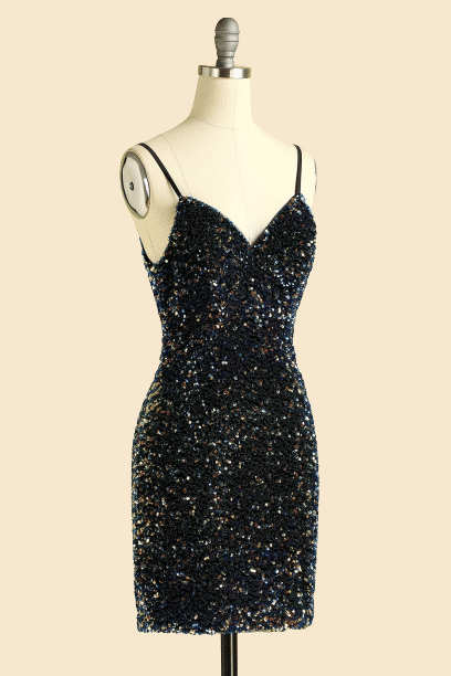 V-Neck Sheath Black Bridesmaid Dress with Sequin