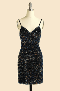 V-Neck Sheath Black Bridesmaid Dress with Sequin