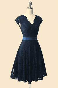A-Line Cap Sleeve Navy Blue Bridesmaid Dress with Belt