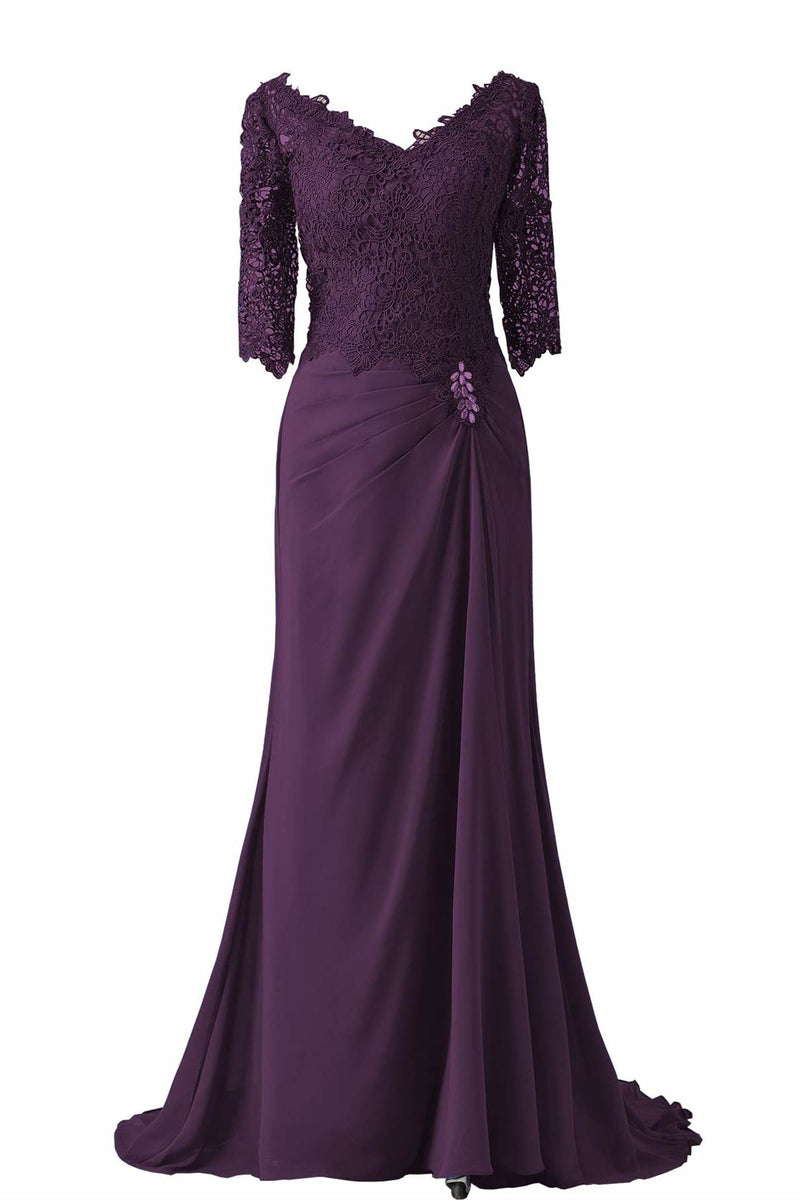 V-Neck Half Sleeve Plum Mother of Bridal Dress – Dreamdressy