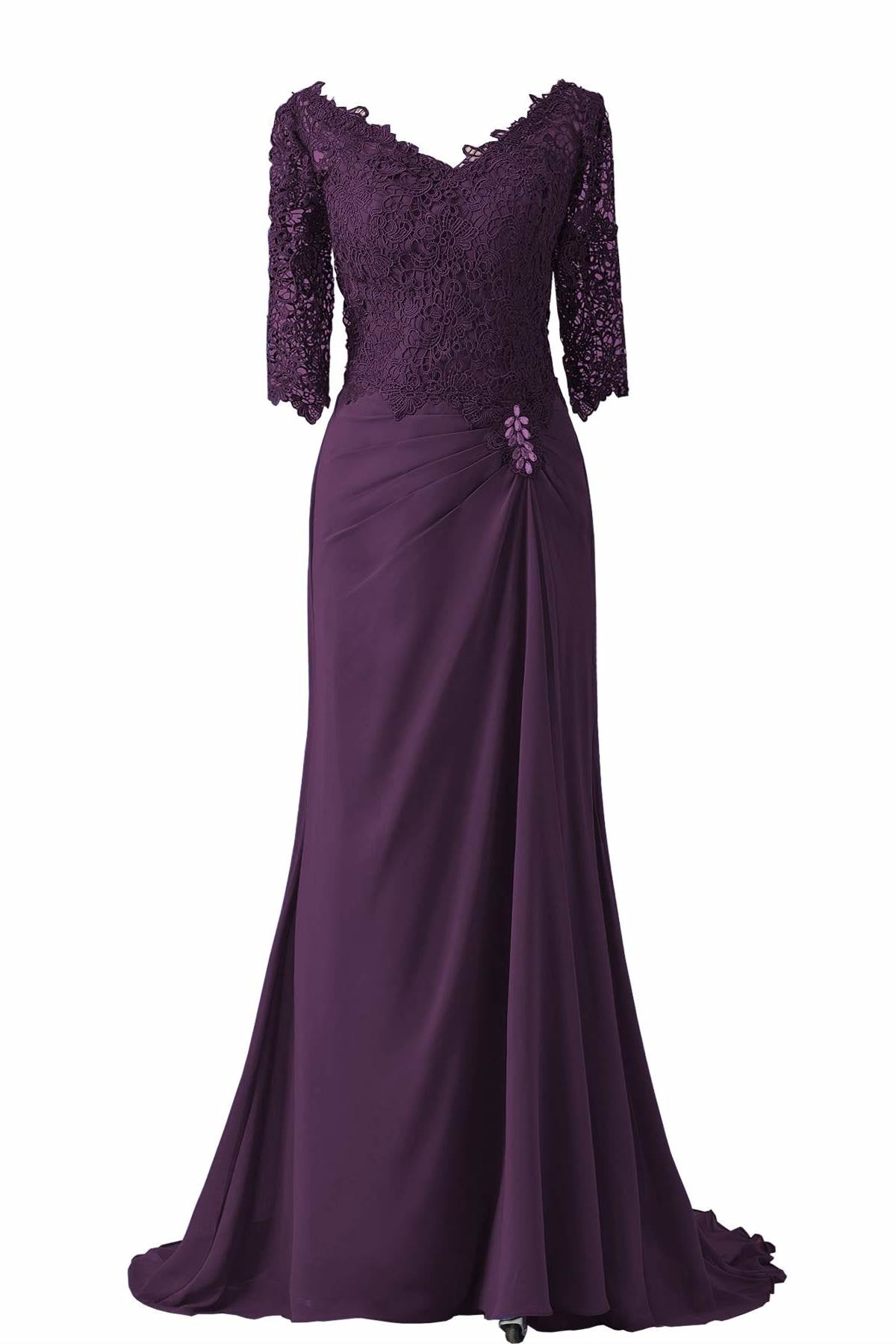 V-Neck Half Sleeve Plum Mother of Bridal Dress – Dreamdressy