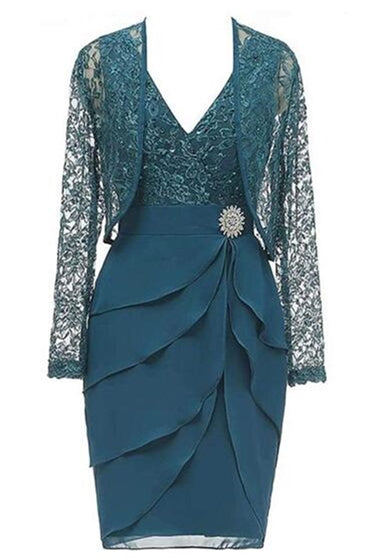 Lace Ruffle Teal Mother of Bride Dress with Jacket Dreamdressy Lace Ruffle Teal Mother of Bride Dress with Jacket Dreamdressy