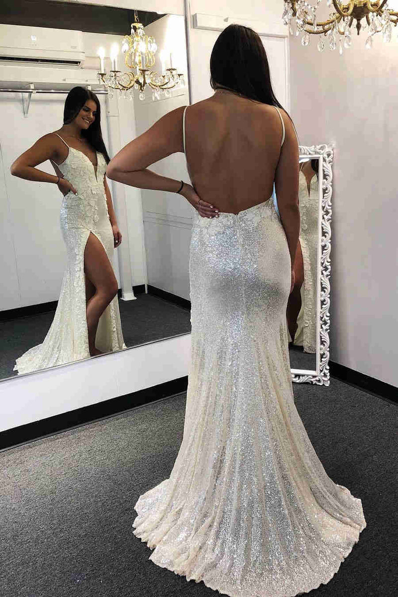 glitter white prom dress glitter sequin prom dress White Iridescent Sequin Long Prom Gown with  Slit,DS4991  DSProm