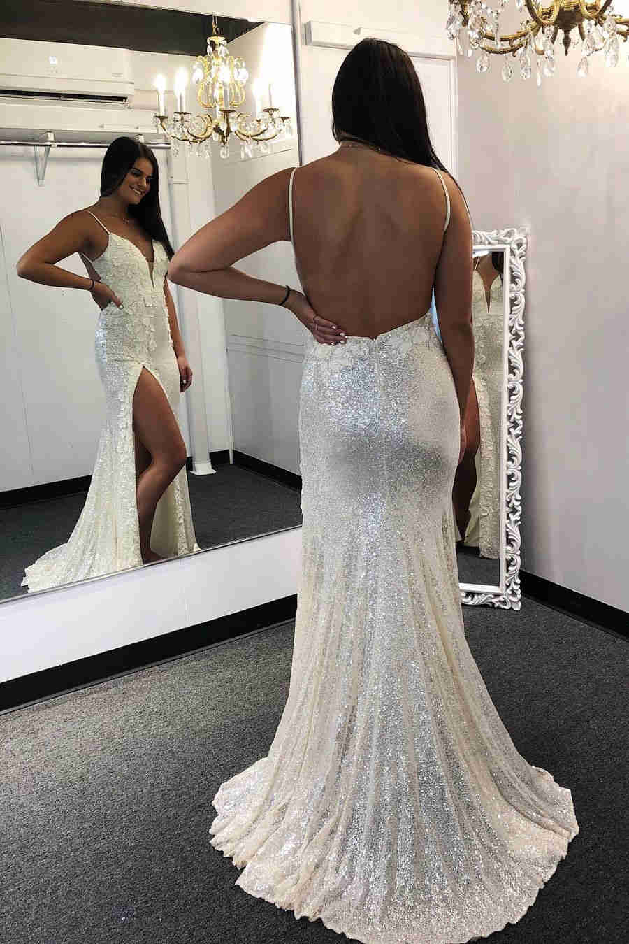 Glitter Backless Appliqued White Prom Dress with Slit – Dreamdressy
