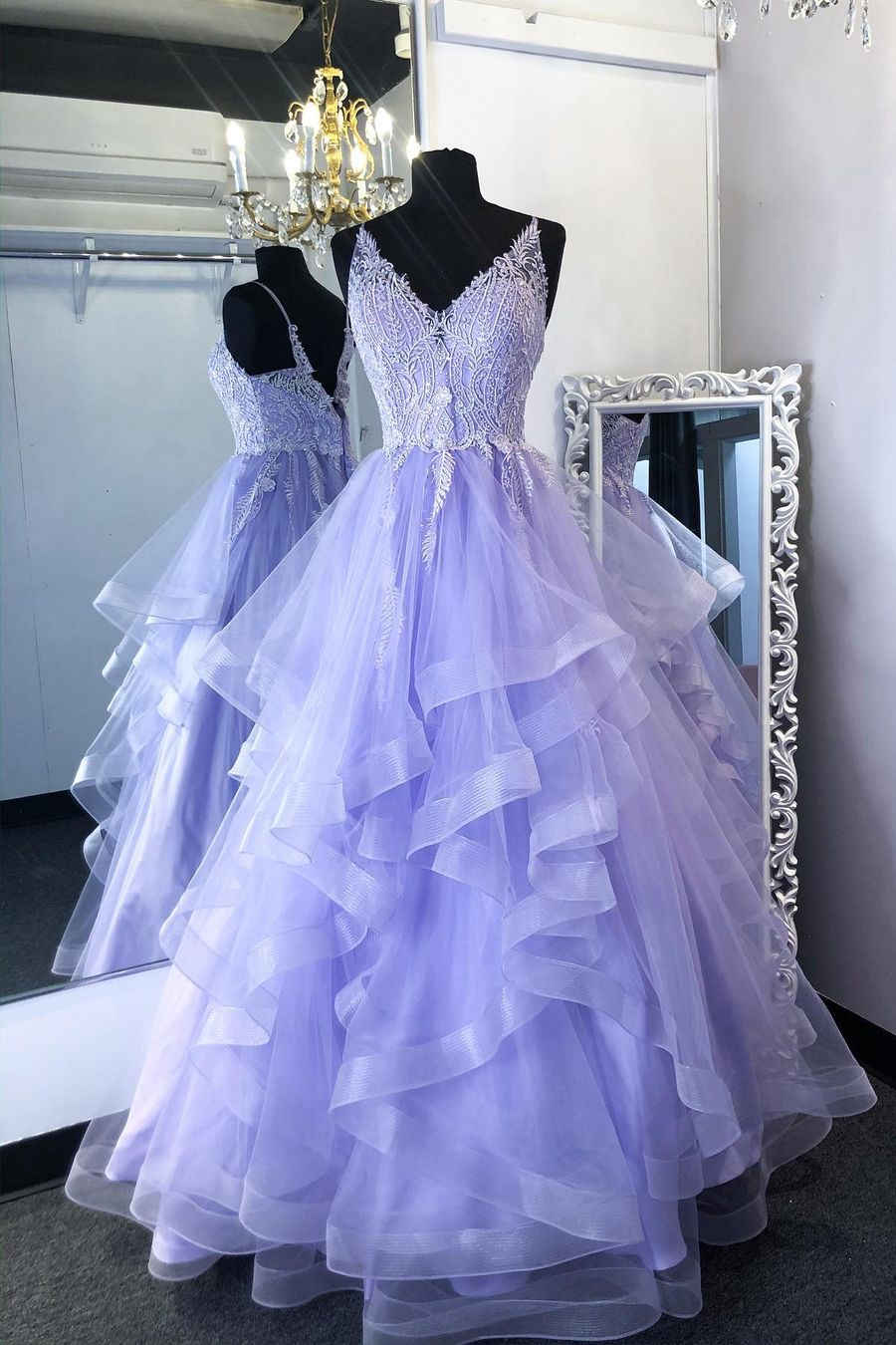 V-Neck Lace Appliques Long Prom Dress with Ruffles  Dreamdressy