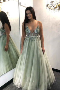 A-Line Beaded Sage Green Tulle Prom Dress – Dreamdressy