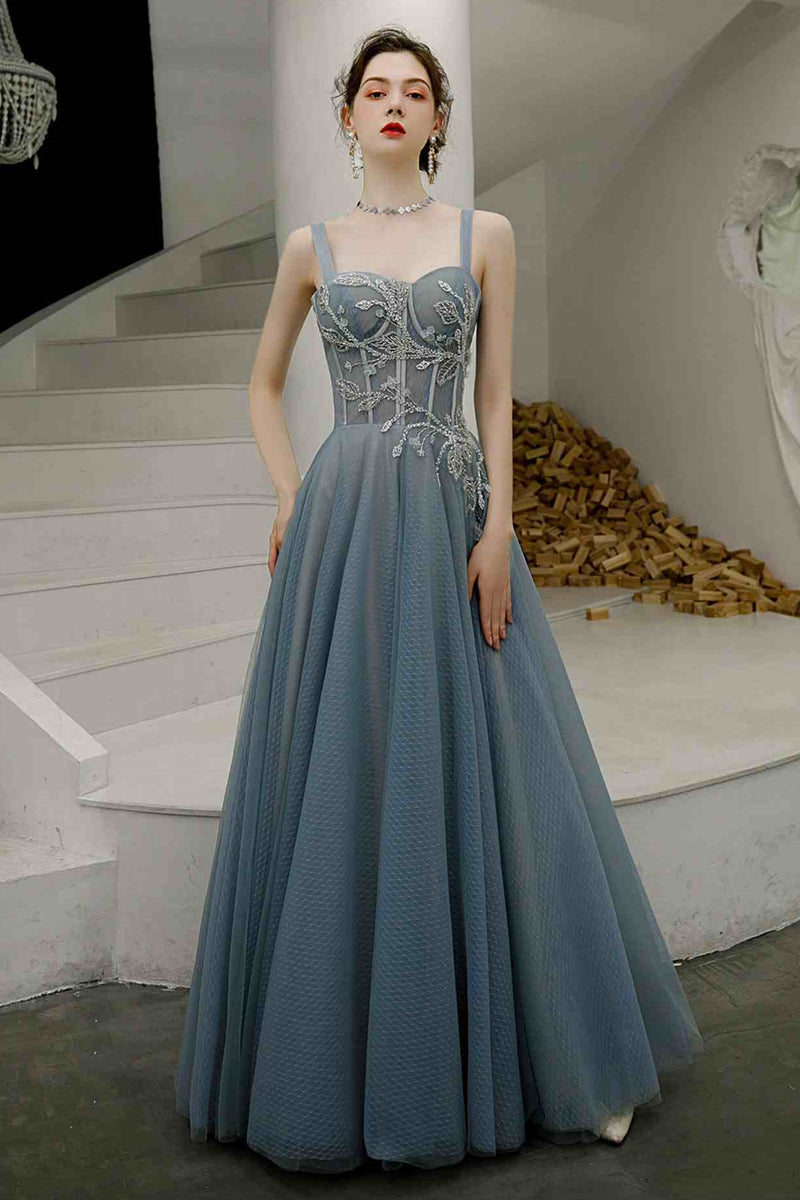Elegant A-Line Embroidery Dusty Blue Prom Dress – Dreamdressy