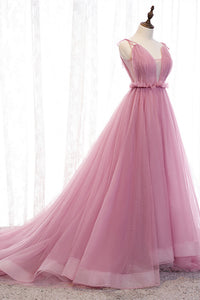 Deep V-Neck Pink Tulle Formal Dress
