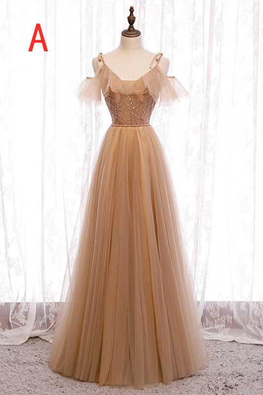 A-Line Beaded Champagne Tulle Bridesmaid Dress Dreamdressy A-Line Beaded Champagne Tulle Bridesmaid Dress Dreamdressy