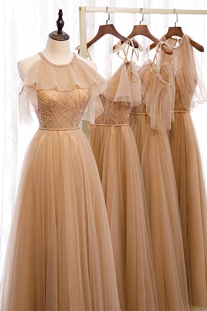 beaded champagne bridesmaid dresses Champagne Glitter Bridesmaid Dresses Champagne Satin Bridesmaid Dresses Beaded Long One-Shoulder Wedding Party Gowns For