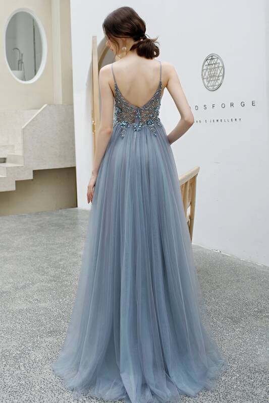 Princess Misty Blue Beaded Long Formal Dress Dreamdressy Princess Misty Blue Beaded Long Formal Dress Dreamdressy