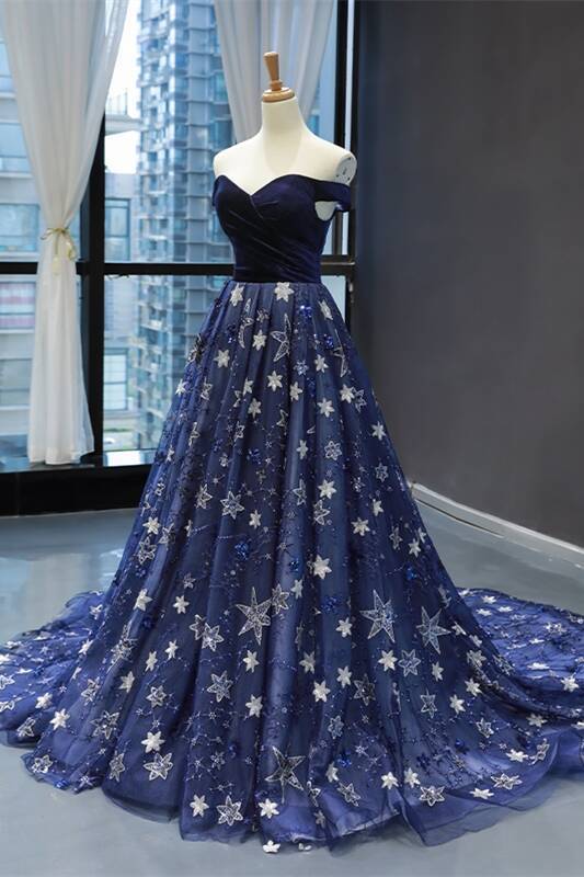 Elegant Off the Shoulder Navy Blue Prom Dress Elegant Off the Shoulder Navy Blue Prom Dress