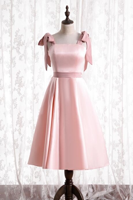 strapless open back dress Knee Length Pink Satin Party Dress with Tie Shoulders – Dreamdressy