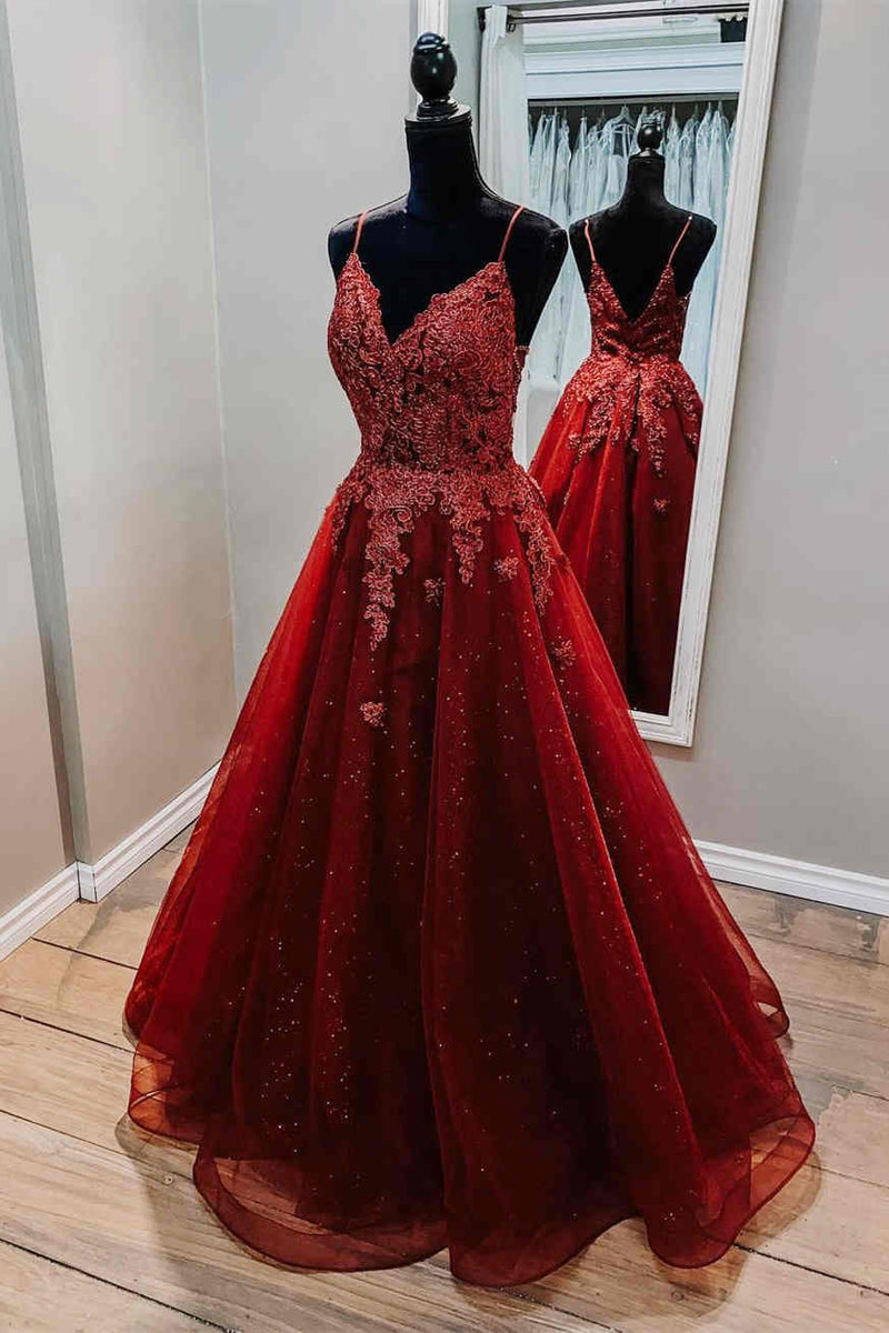 Glitter Red tulle Formal Dress with Lace Top – Dreamdressy