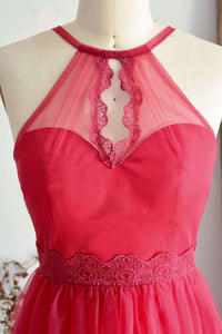 A-Line Halter Hot Pink Long Bridesmaid Dress