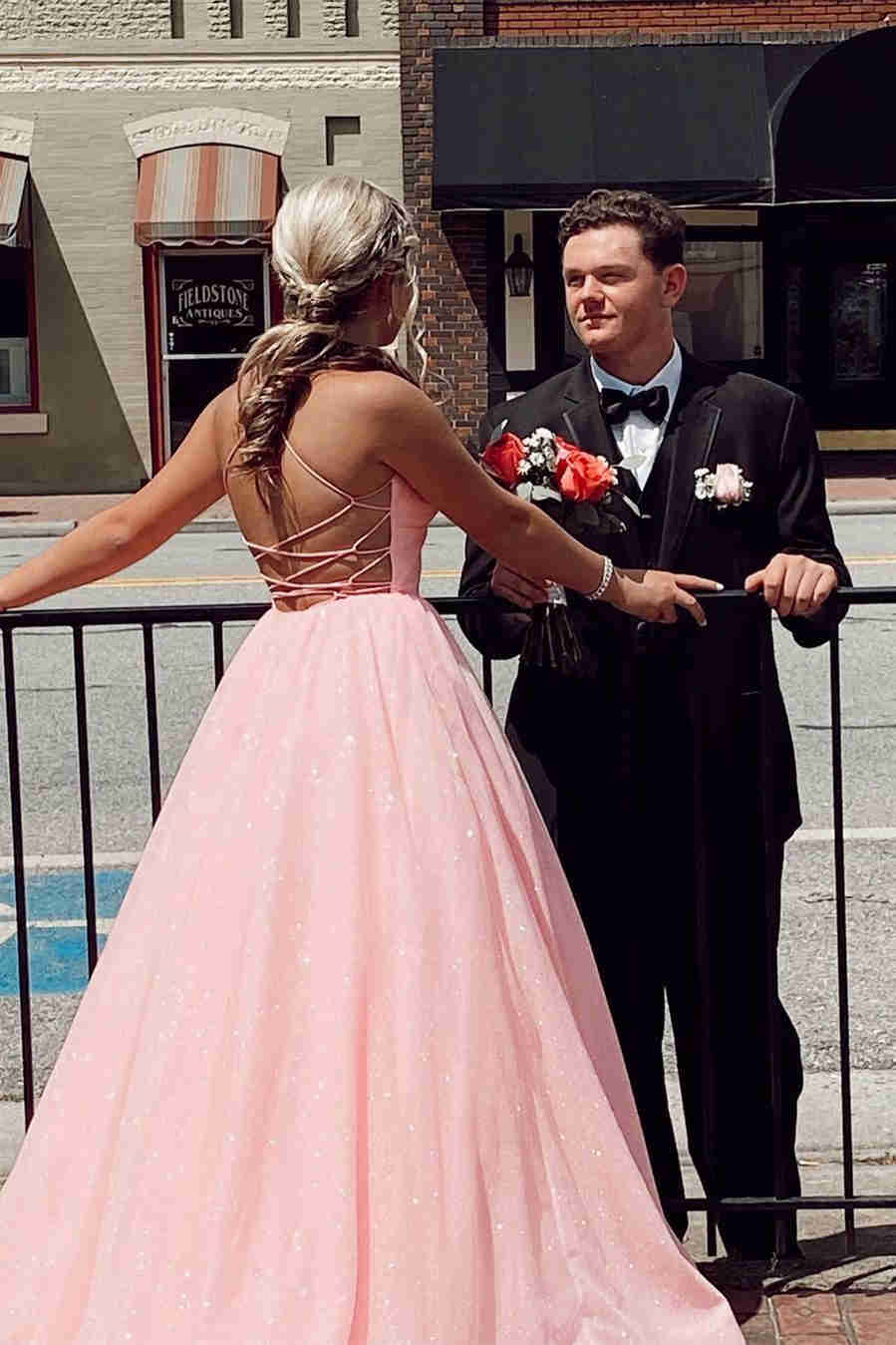 Glitter Pink Halter Tulle Prom Dress