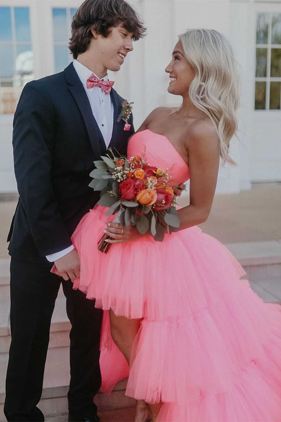 Strapless High Low Tiered Red Tulle Prom Dress