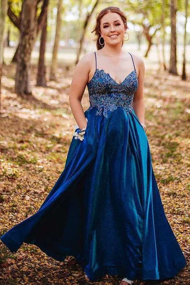 blue prom dress with pockets Navy Blue Satin Lace Up Back A-Line Prom Dress With Pockets US16 / Custom Color