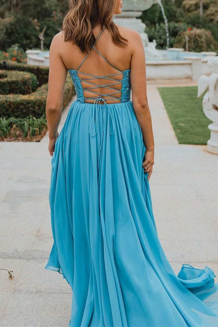 Blue A-line Appliques Chiffon Long Prom Dress