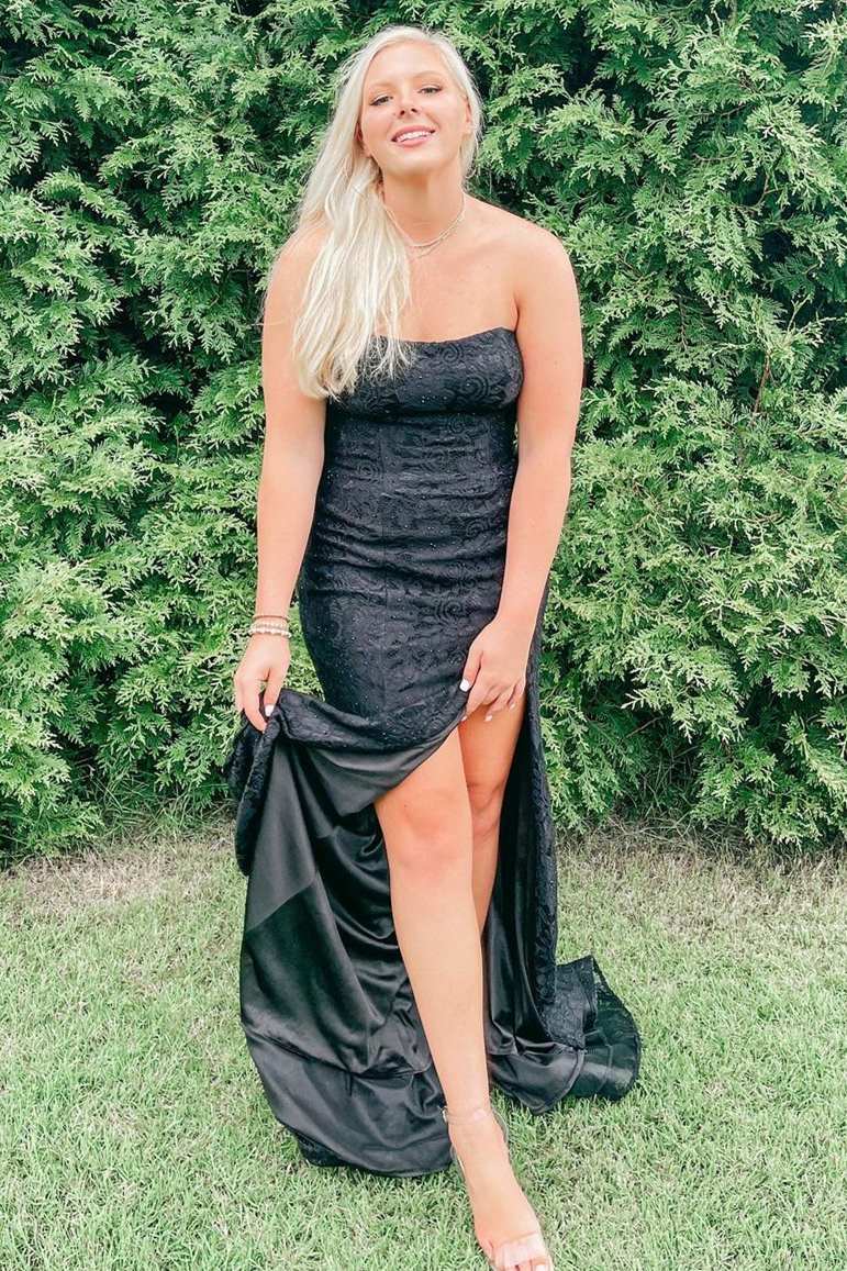 Elegant Black Lace Mermaid Long Prom Dress with Slit Dreamdressy Elegant Black Lace Mermaid Long Prom Dress with Slit Dreamdressy
