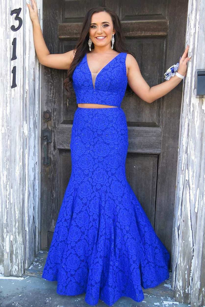 Two Piece Royal Blue Lace Long Prom Dress  Dreamdressy