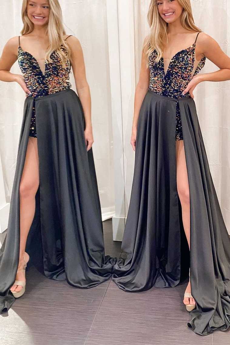 Speical Navy Sequins Short Dress with Black Long Train