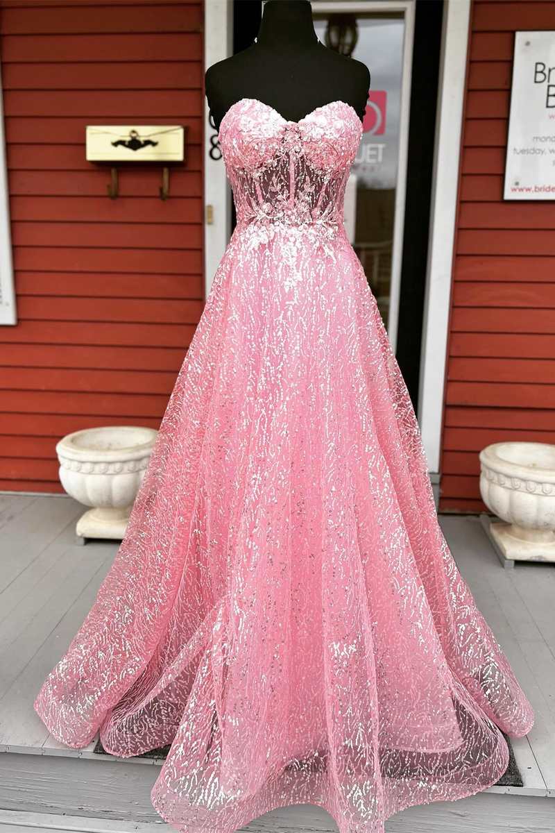 glitter a line prom dress Sequin Long A-Line Prom Dress with Pockets