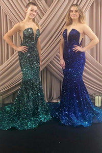 Fuchsia Sequin Strapless Mermaid Long Formal Dress