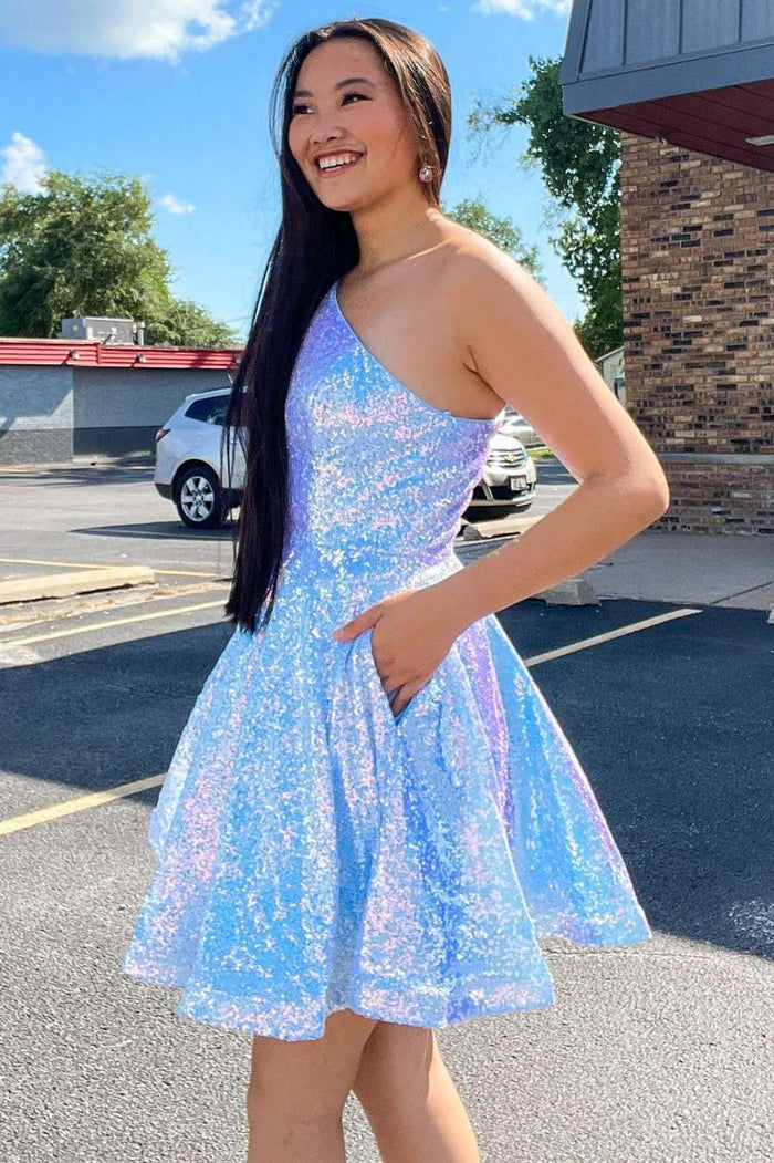 Blue Iridescent Sequin One-Shoulder A-Line Homecoming Dress