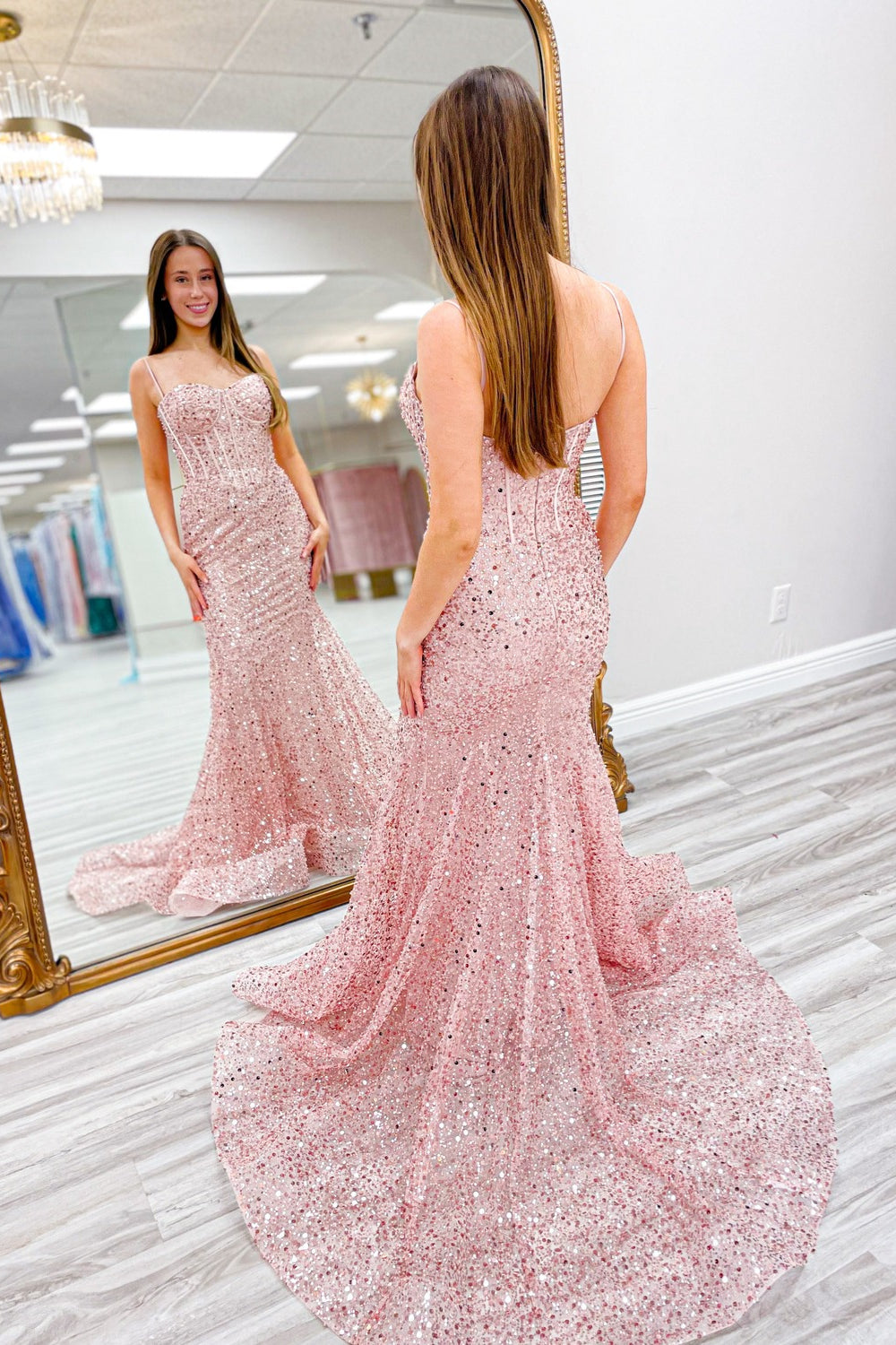Pink Sequins Mermaid Spaghetti Straps Boning Long Prom Dress