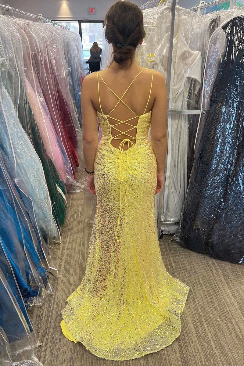 Yellow Sequin V-Neck Lace-Up Back Long Prom Dress with Slit Yellow Sequin V-Neck Lace-Up Back Long Prom Dress with Slit