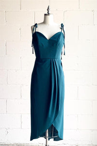 Green Faux-Wrap Bow Tie Shoulder Pleated Chiffon HI-Low Bridesmaid Dress