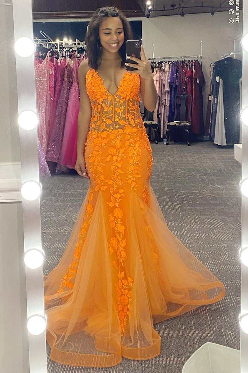 Orange Appliques V-Neck Backless Mermaid Long Prom Dress Dreamdressy Orange Appliques V-Neck Backless Mermaid Long Prom Dress Dreamdressy