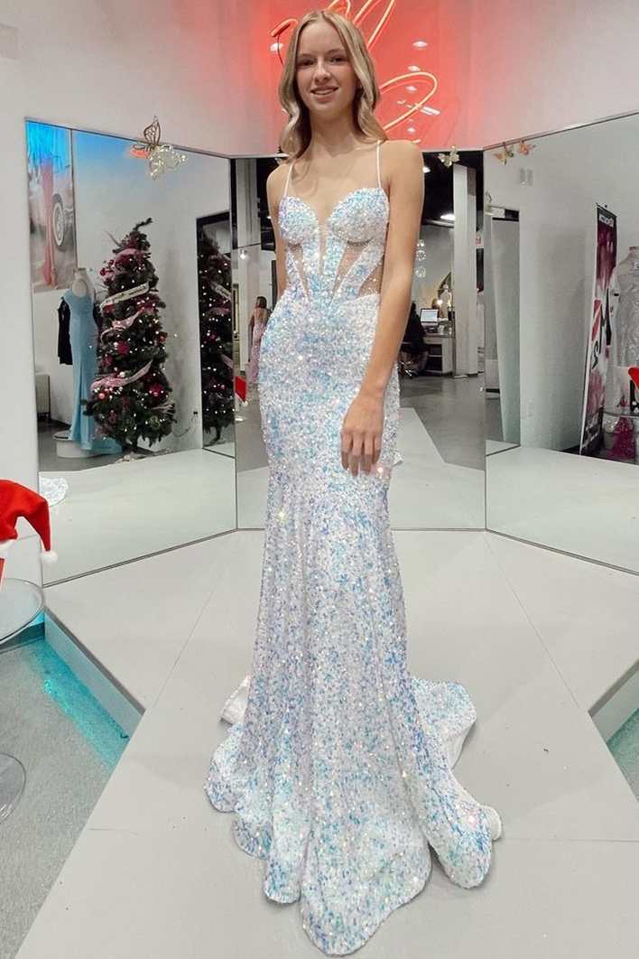 White Iridescent Sequin Straps Cutout Mermaid Long Prom Dress – Dreamdressy