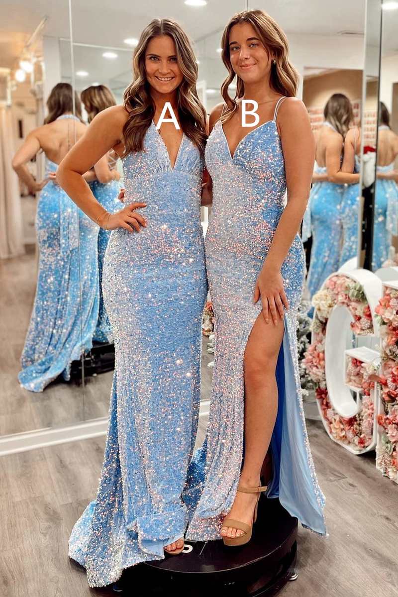 Blue Iridescent Sequin Mermaid Long Prom Dress Blue Iridescent Sequin Mermaid Long Prom Dress