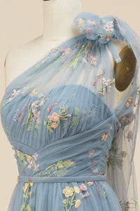 Blue-Grey Floral Embroidery One-Shoulder A-Line Prom Dress