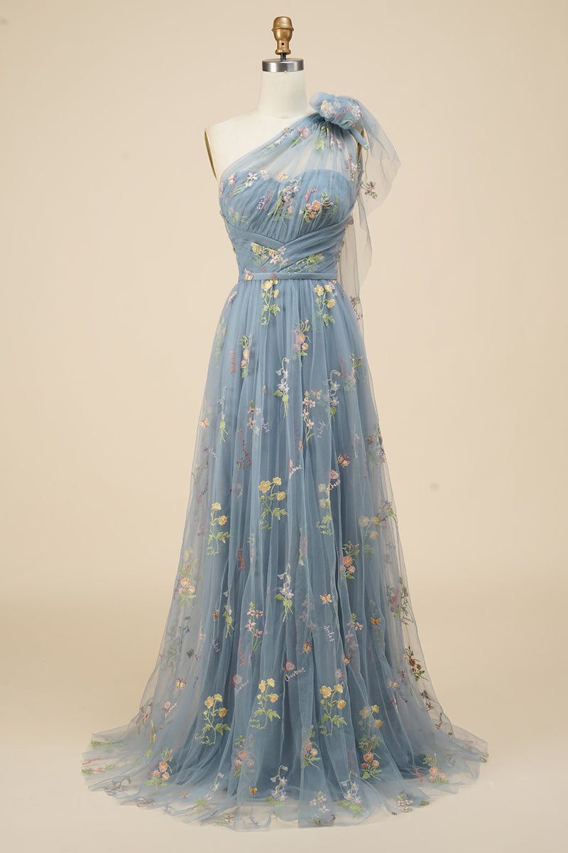 Blue-Grey Floral Embroidery One-Shoulder A-Line Prom Dress  Dreamdressy