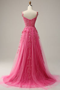 Aqua Tulle Floral Lace Off-the-Shoulder A-Line Prom Dress