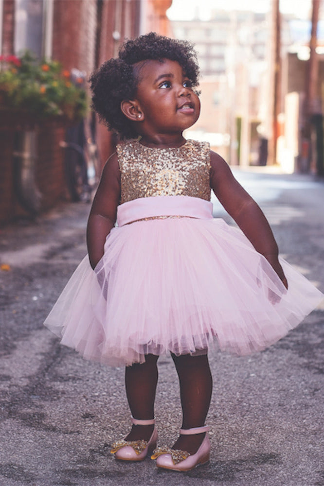 Cute Toddler Ball Gown Gold Sequins Pink Flower Girl Dress Cute Toddler Ball Gown Gold Sequins Pink Flower Girl Dress