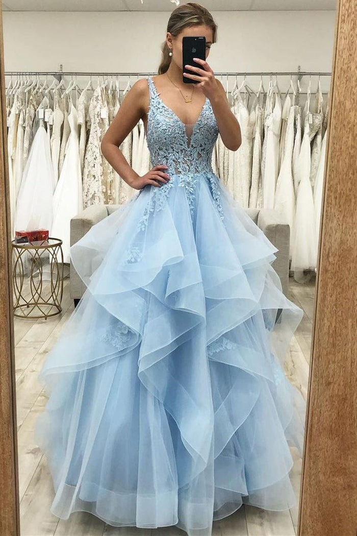 Princess Blue A-line Ruffles Long Prom Dress