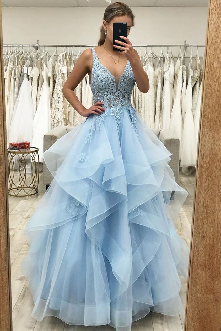 Princess Blue A-line Ruffles Long Prom Dress Princess Blue A-line Ruffles Long Prom Dress
