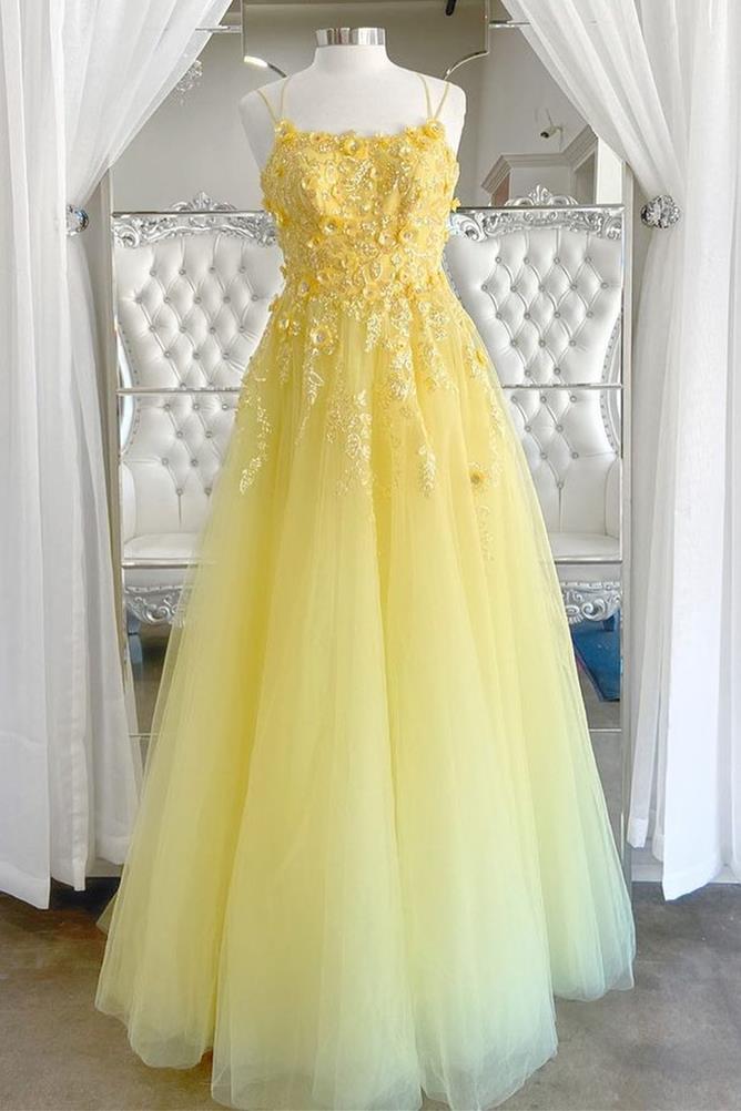 Princess Yellow A-line Sequins and Floral Long Prom Gown Dreamdressy Princess Yellow A-line Sequins and Floral Long Prom Gown Dreamdressy