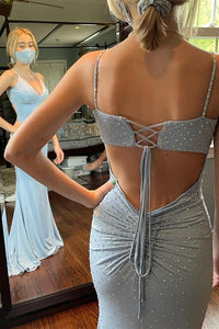 Mermaid Light Blue Long Prom Dress with Sequins