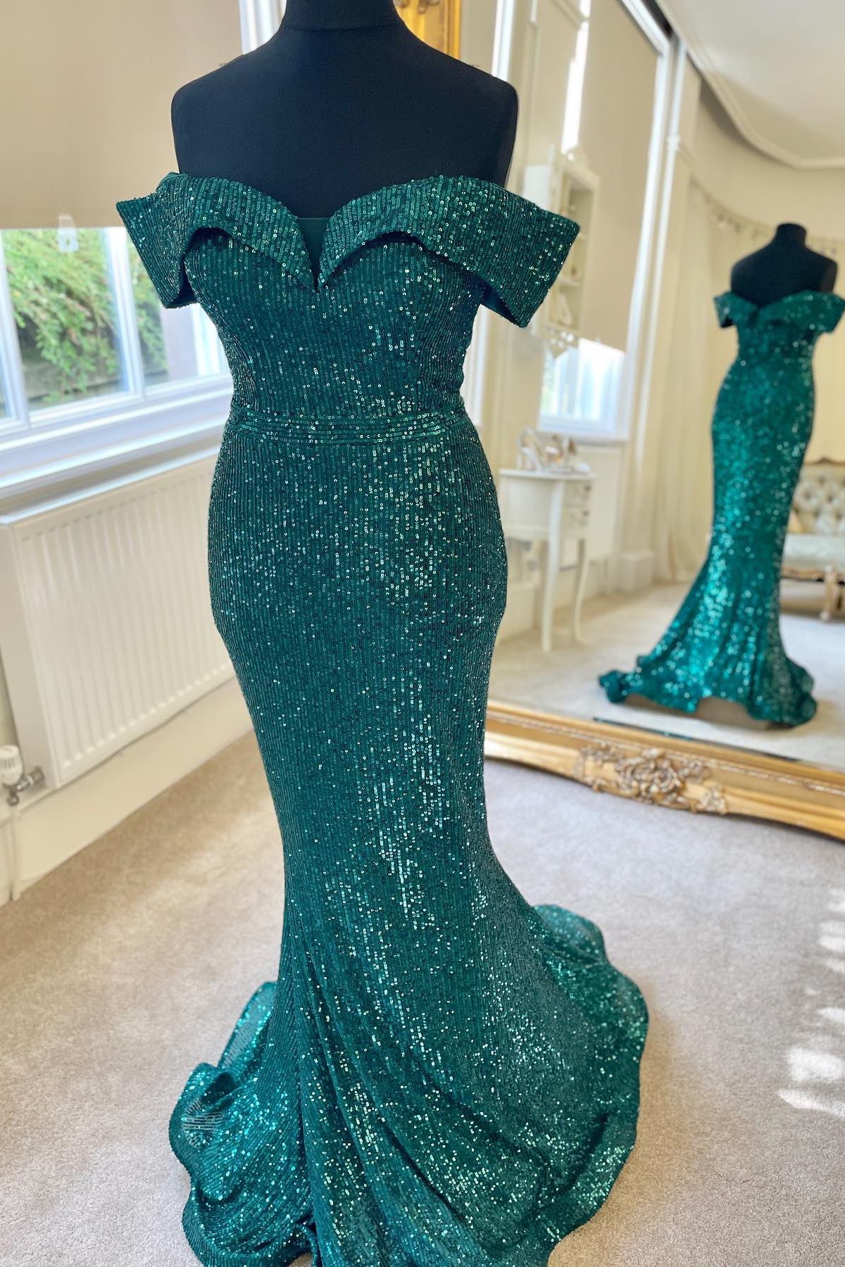 Off the Shoulder Burgundy Sequins Mermaid Long Formal Dress