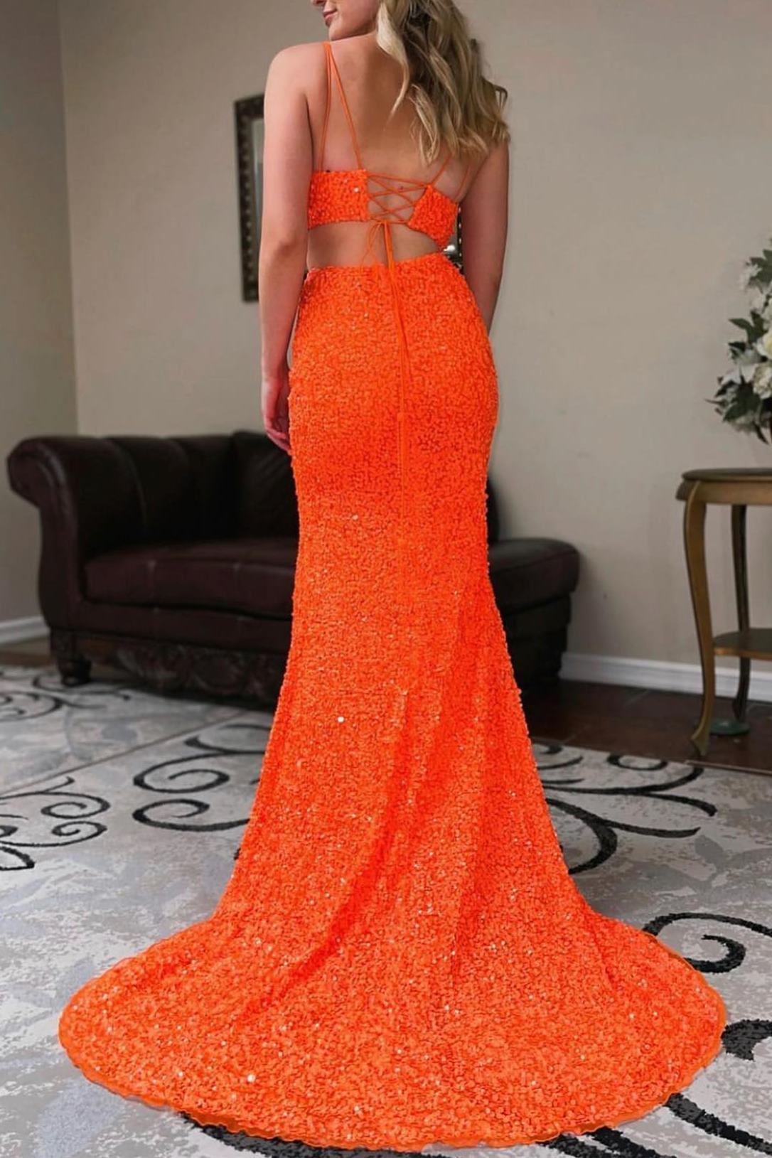 Two Piece Hot Pink Sequins Mermaid Long Prom Dress